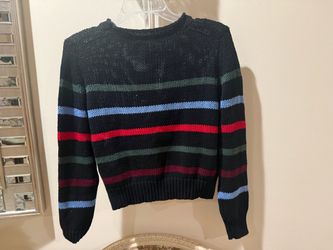 NWT. Contemporary Olivaceoud black knit crewneck sweater with multicolor, horizontal stripes size small
