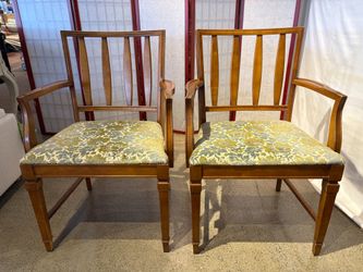 STATESVILLE Vintage Mid-Century Modern Walnut Dining Armchairs with Green Floral Upholstery (Set of 2)