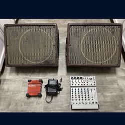 Floor Monitors, Mixing board, Direct Input box.