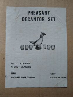 Pheasant Brown Glass Vintage Decanter & 6 Matching Shot Glasses