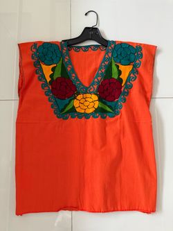 Orange Mexican Embroidered Floral Blouse