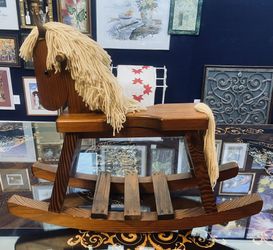 Vintage Wood Rocking Horse w/ Cream Yarn Mane 29.50” length x 9” w x 25” tall  Perfect for decor and super sturdy for your  precious little one today 