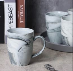 New Set of 4 Marble 14 OZ Coffee Mugs, Gray Ceramic Mug Cup