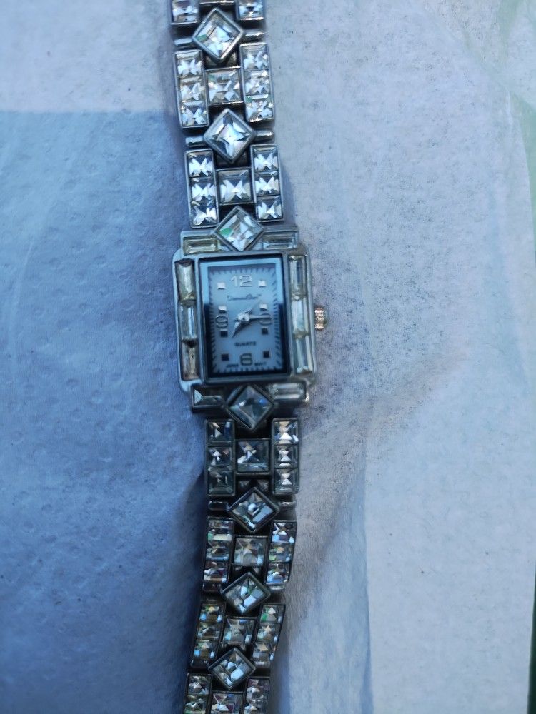 Vintage Rhinestone Bracelet Watch Silver Tone 