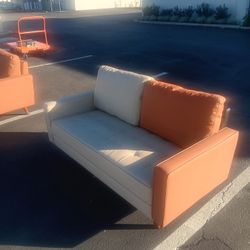 Tangerine-White Cream Leather Couch 