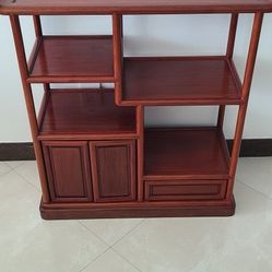 Oriental Red Lacquer Cabinet/Bookcase With Bottom Drawers