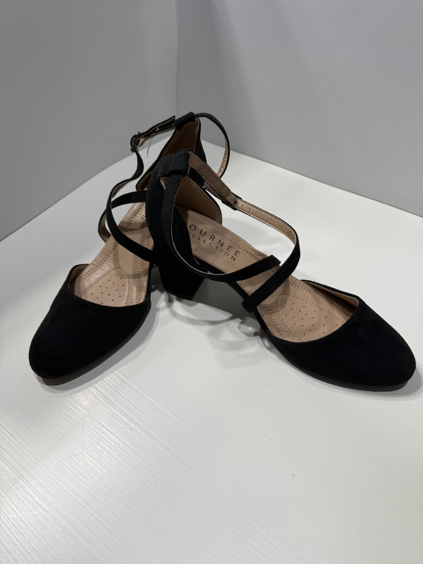 Journee Collection Black Suede Ankle Strap Heels