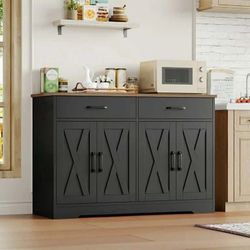 47"Farmhouse Sideboard Storage Cabinets with 4 Doors & 2 Drawers, Coffee Bar with Brown Top for Living Room, Black