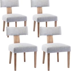 Dining Chairs Set of 4, Comfy Upholstered Side Chairs with Wood Legs, Linen Fabric Dining Chairs with Curved Wingback for Living Room Bedroom, Gray