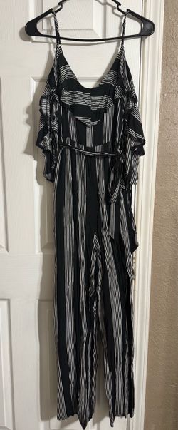 Black and White Striped Ruffle Jumpsuit