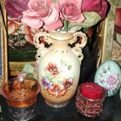 VINTAGE HAND PAINTED SILK ROSE FLORAL ARRANGEMENT FLOWER VASE BOUQUET ORANGE SILVER BOHEMIAN CANDLE HOLDER