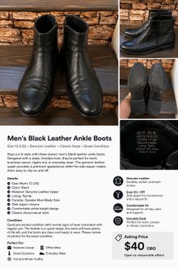 Men’s Black Leather Ankle Boots – Size 12 – Genuine Leather – Great Condition