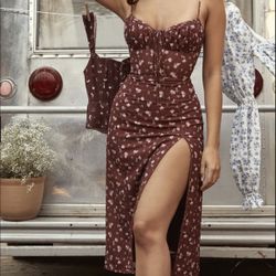 House of CB Carina Wine Floral Bustier Midi Dress Size M