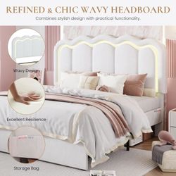 B948 $130  Upholstered Full Size Bed Frame with LED Lights and Large Storage Drawer, Velvet Platform Bed with Adjustable Wavy Headboard, Noise Free, E