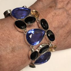 Blue Topaz Blue Sapphire Morganite 925 Sterling Silver Bracelet 