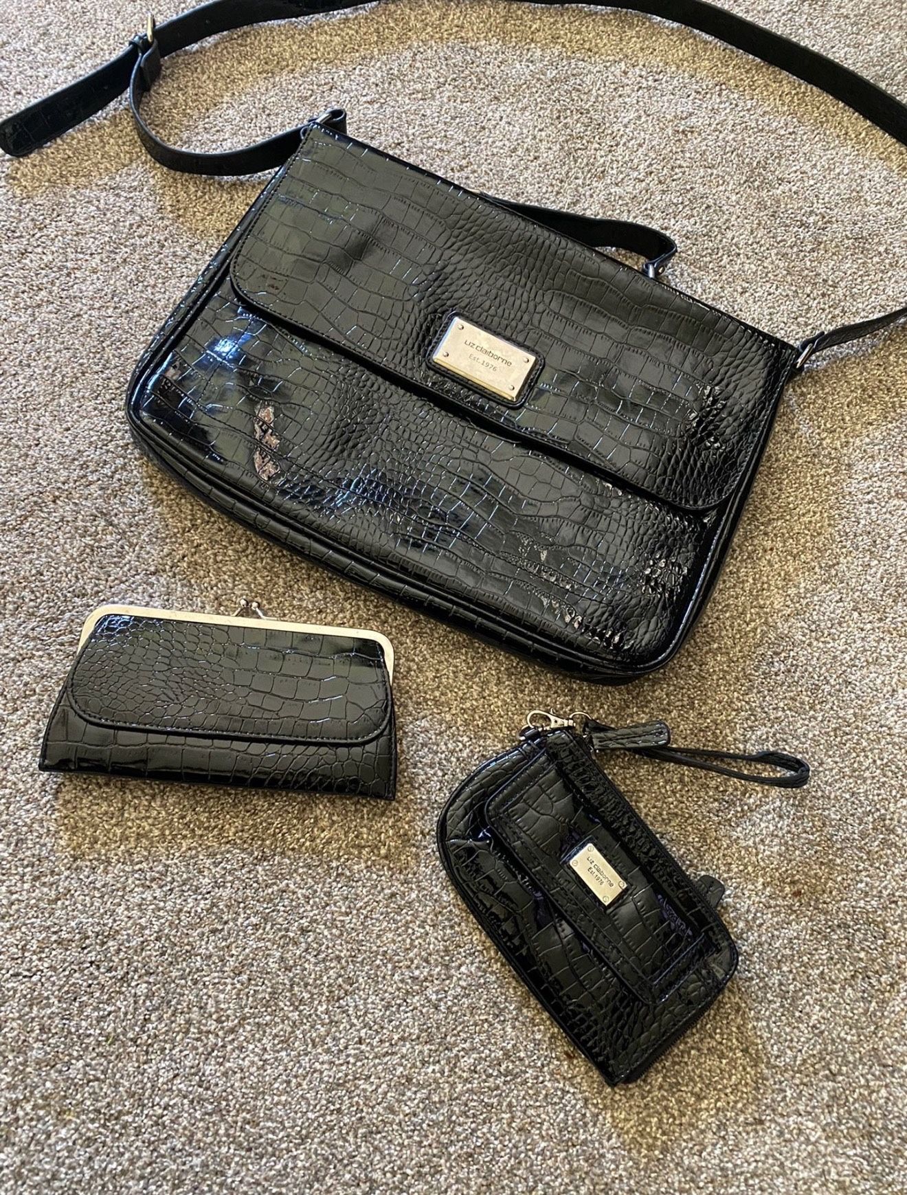 3 Piece Liz Claiborne Black Padded Laptop Bag Briefcase Handbag & Wallet & Wrist Wallet