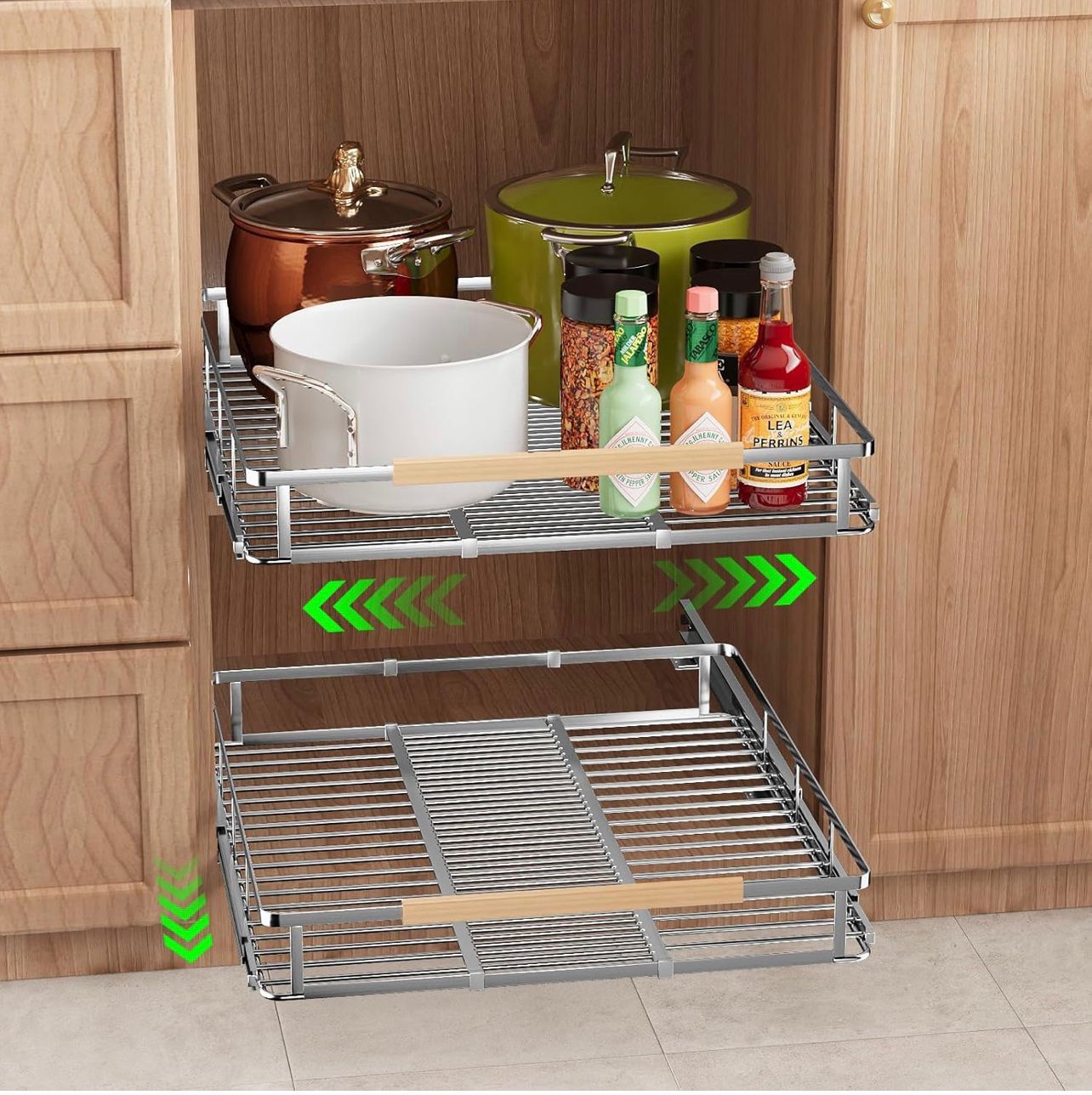 Pull-out drawers for kitchen cabinets, sliding shelves