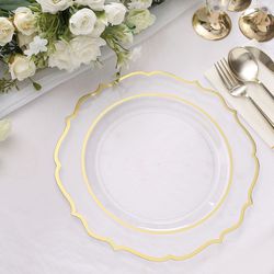 10 Pack | 10" Clear Plastic Dinner Plates Disposable Tableware Round With Gold Scalloped Rim