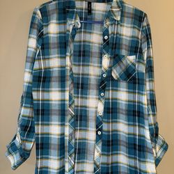 Alter Ego Teal Plaid Flannel Shirt L