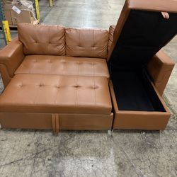 Brown Leather Sectional Sofa w/ Chaise + Pull-Out Bed – Great Condition