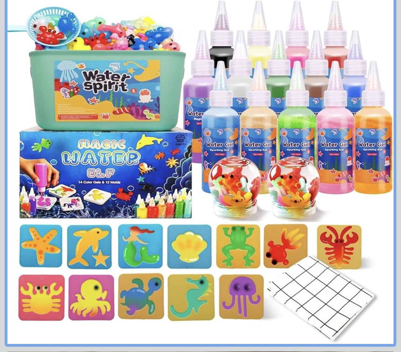 Magic Water Elf Toy Crafts Kits with Tablecloth for Kids - Squishy Maker Aqua Fairy Water Gel Kit with 14 Magic Gels+12 Molds DIY Water Pets Christmas