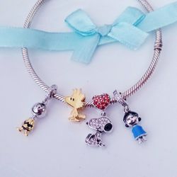Mother's Day gift Peanuts Charlie Brown + Lucy + Snoopy + Woodstock charms S925 Sterling Silver