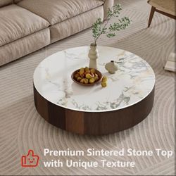 Premium Sintered Stone Top Coffee Table for Living Room with drawer Metal base, no assembly req