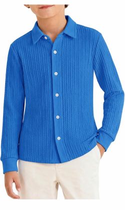 Haloumoning Boys Knit Button Down Shirt Casual Long Sleeve Textured Shirts Kids School Uniform Tops 9-10y, Soft Cable Knit Fabric, Full Button Up Clos