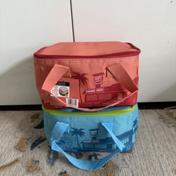 2x trader joes joe’s mini tote cooler bag blue and peach