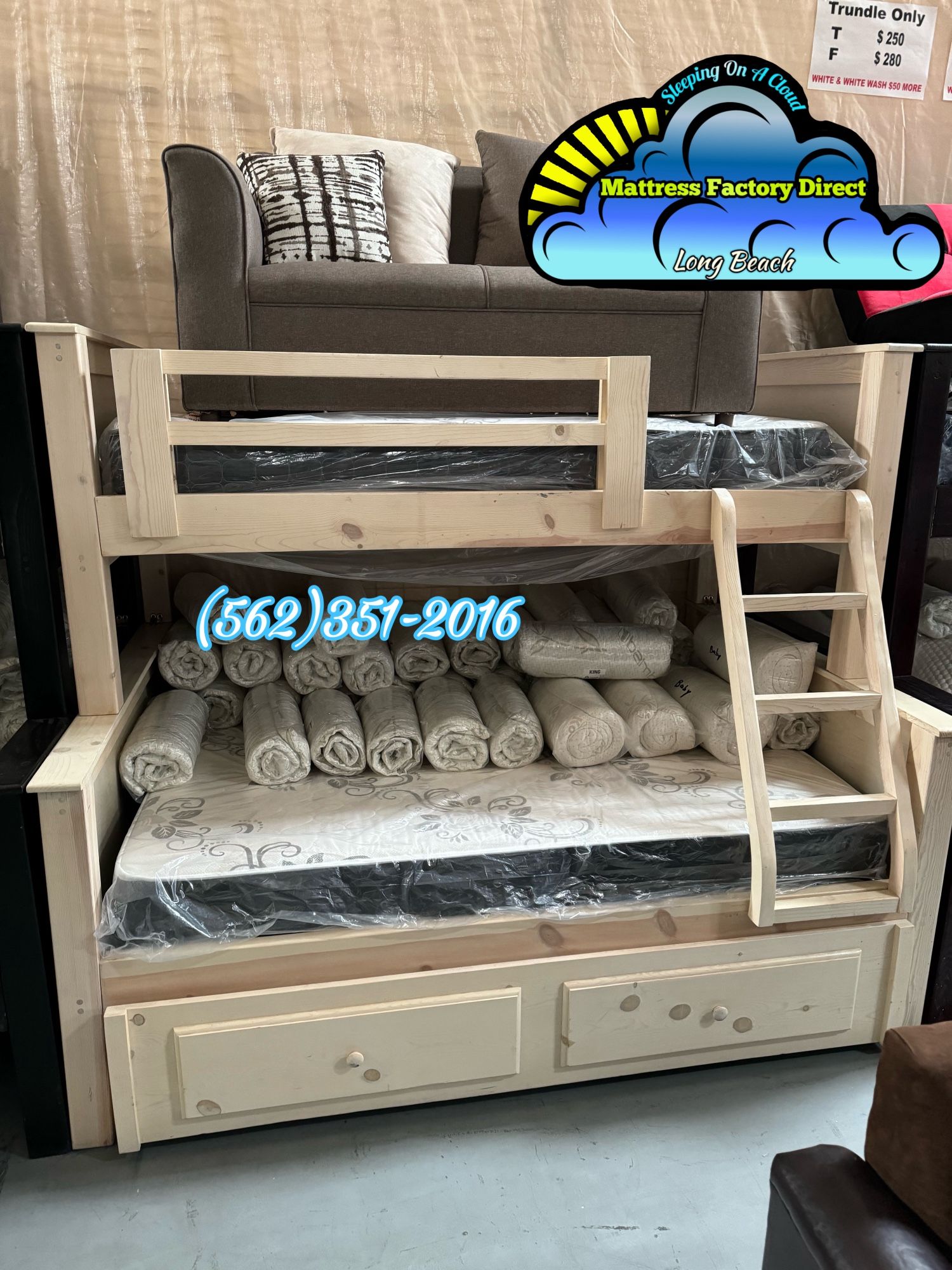 Twin Full Bunk Bed Whitewash Litera Nueva Bonita Trundle Full