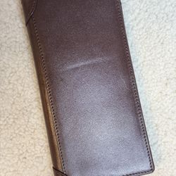 Brown Genuine Leather Long Bifold Wallet ID Window Snap Closure