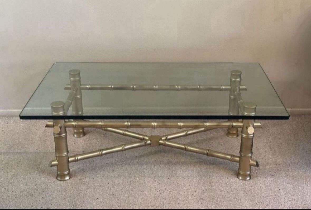 Antique Vintage Mid Century Modern Hollywood Regency Gold Glam Thick Faux Bamboo Base Glass Top Coffee Cocktail Table