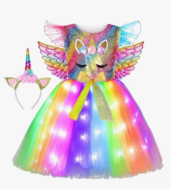 Unicorn Costume for Girls LED Light Up Tutu Dress Size 7-8 years