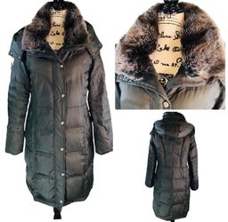 LONDON FOG - Knee-Length Down Puffer Jacket w/ Removable Hood & Faux Fur Trim M