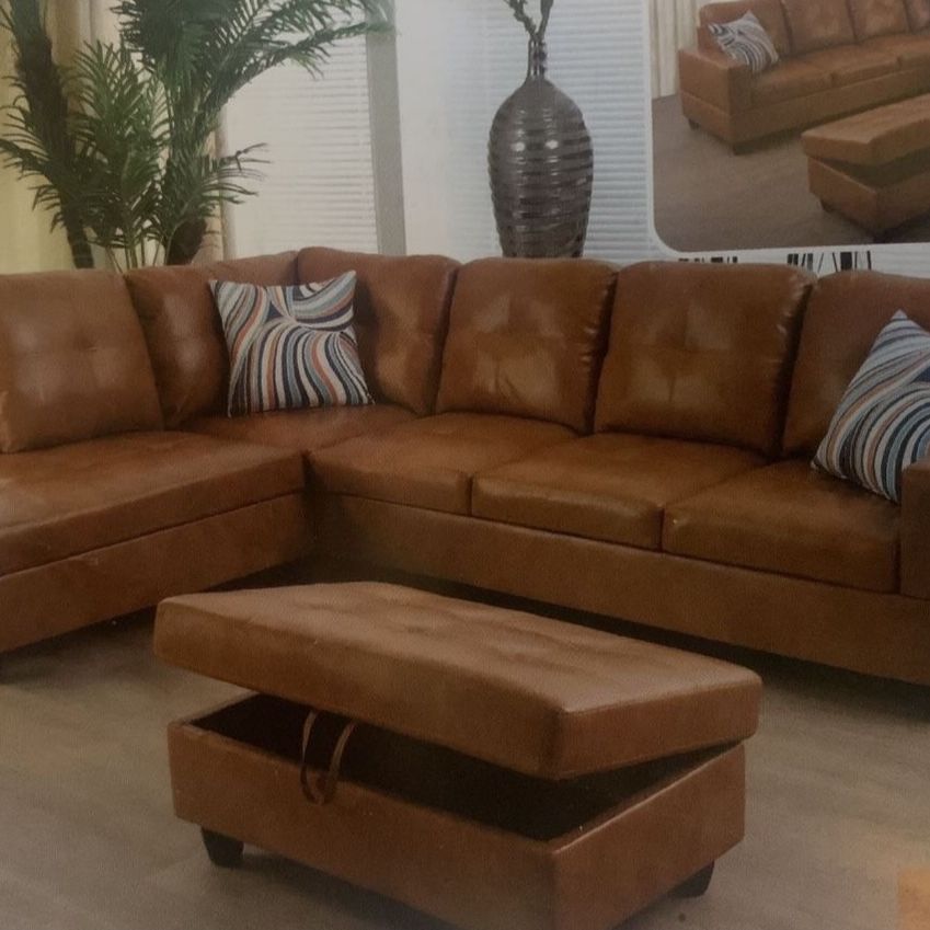 Carmel Leather Sectional Couch And Ottoman 