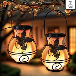 Solar Lanterns Outdoor 2-pack Waterproof Flickering Flame Lights Hummingbird Metal Hanging Lantern
