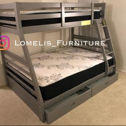 Twin/Full Gray Bunk bed w. Drawers & Ortho Mattresses Included 