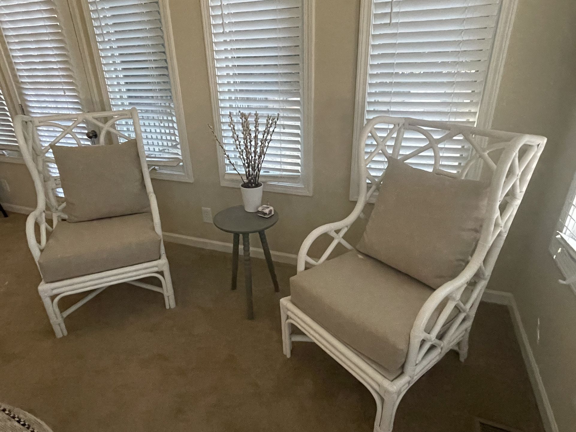 Pair of White Rattan Wingback Chairs