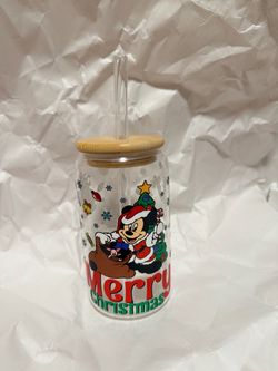 Merry Christmas  Mickey&Friends Glass Can Cup with Lid and Straw