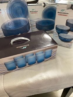Benevolence beaded glass bowls, salad plates , dinner plates and drinking glasses(Sets of 8)