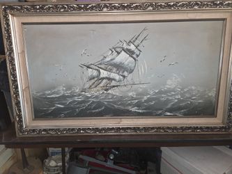 Vintage Nautical Ship Oil painting in ornate frame