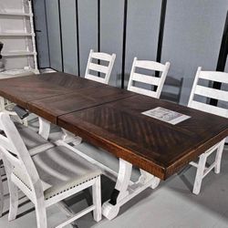 Valebeck Beige/White Dining Table and 6 Chairs