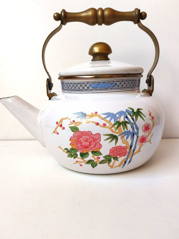 Vintage NORMANDY Enamel Metal Floral  Teapot Kettle