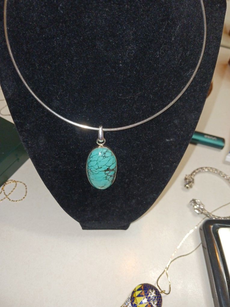 Turquoise Set In Sterling W/ Sterling Hoop Necklace