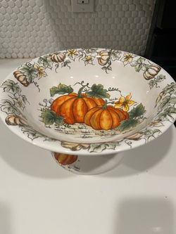 Ceramic Pedestal Bowl with Pumpkin Design