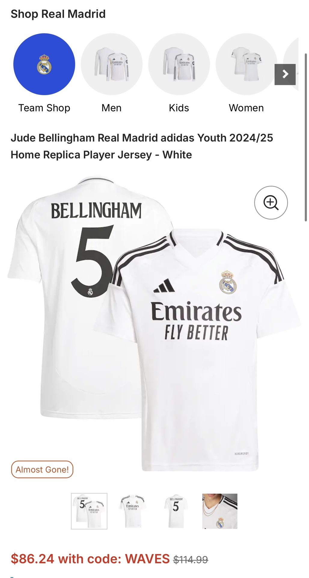 Adidas Real Madrid Home Jersey #5 Bellingham sz YM