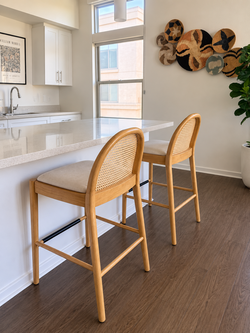 Set of 2 Natural Wood Cane Bar Stools
