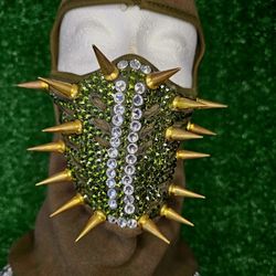 Olive Green VMS Spiked Rhinestone Balaclava | Designer Streetwear Mask | Gold Spike Face Cover | Luxury Urban Fashion | Ski Mask