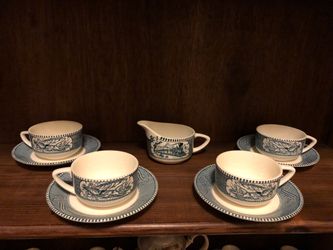Set of 4 Vintage Currier & Ives Steamboat Horse Tea Cup + Creamer!