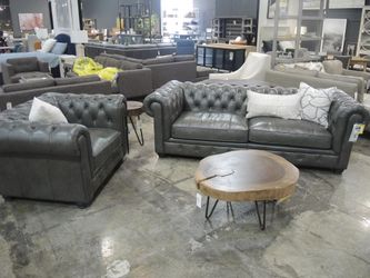 Manor Row Carson Gray Leather 2-Piece Chesterfield Sofa Set